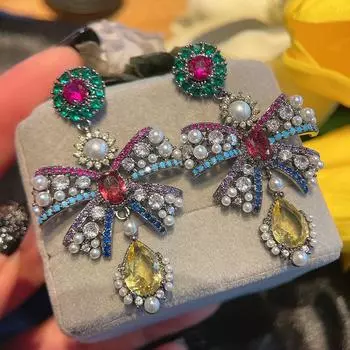 2022 новые цветные серьги с бантом в этническом стиле с имитацией жемчуга, одинаковые по цвету серьги с кубическим цирконием, индивидуальная сетка, красные стильные серьги