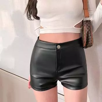 2022 Новые европейские и американские женские облегающие обтягивающие черные шорты из искусственной кожи с высокой талией в готическом стиле S чёрный