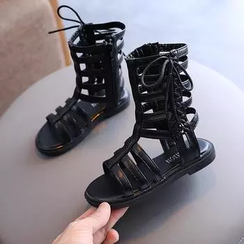 2022 новые летние сандалии для девочек, детская обувь, корейская обувь с открытым носком для маленькой принцессы, детская обувь на плоской подошве в римском стиле 26 чёрный