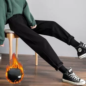 2022 новые модные осенне-зимние свободные флисовые теплые свободные прямые высокие повседневные джинсовые брюки с высокой талией плюс бархатные теплые джинсы в стиле ретро S