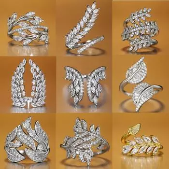 2022 Новые модные женские кольца серии Leaf с блестящим фианитом, роскошные свадебные обручальные кольца, вечерние женские украшения 9