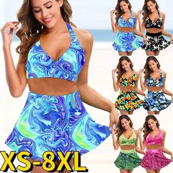 2022 Новые женские танкини с высокой талией, летняя мода, сексуальный тонкий купальник из двух частей, юбка для плавания с цветочным принтом, женская свободная пляжная одежда S чёрный