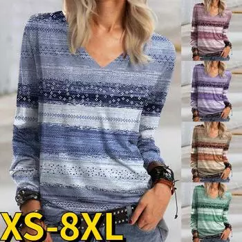 2022 Новые женские топы с V-образным вырезом на каждый день, элегантная футболка с длинным рукавом, стандартный пуловер, футболка с новым дизайном и принтом S