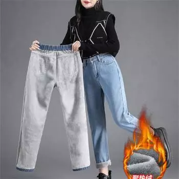 2022 новые зимние женские джинсы с высокой талией, флисовые теплые узкие брюки-карандаш, эластичные узкие джинсовые джинсы, повседневные толстые мешковатые джинсы для отдыха S