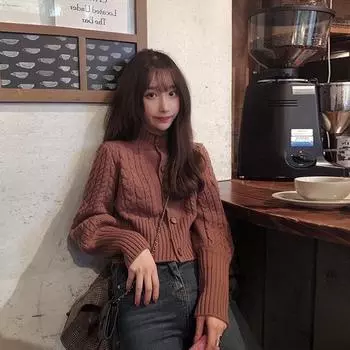 2022 Новый кардиган с круглым вырезом, свитер с напускными рукавами, небольшой аромат, короткий вязаный женский топ, однотонный One Size чёрный