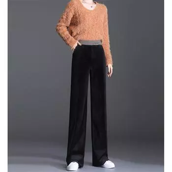 2022 Новый модный тренд, осень-зима, широкие брюки с высокой талией, женские брюки, изящные теплые велюровые мешковатые свободные длинные свободные прямые брюки S чёрный