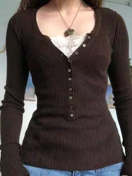 2022 новый модный весенне-осенний топ для отдыха, женская футболка в стиле Харадзюку, женская одежда в корейском стиле, облегающая женская одежда с длинным рукавом S коричневый