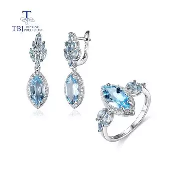 2022 новый натуральный небесно-голубой топаз, драгоценный камень, кольцо, серьги, комплект ювелирных изделий из стерлингового серебра 925 пробы, изысканные украшения для женщин, хороший подарок