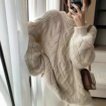 2022 Новый пуловер, женский свитер с круглым вырезом, свободный трикотаж, женский с длинным рукавом One Size бежевый
