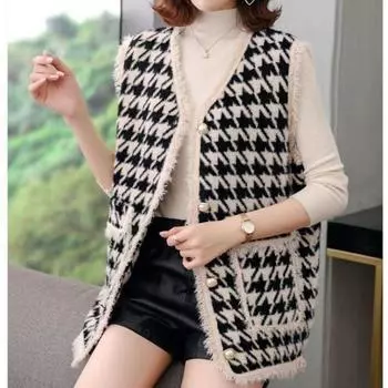 2022 Новый стильный жилет, женский универсальный осенний внешний свитер, маленький ароматный жилет, женский вязаный жилет средней длины One Size чёрный