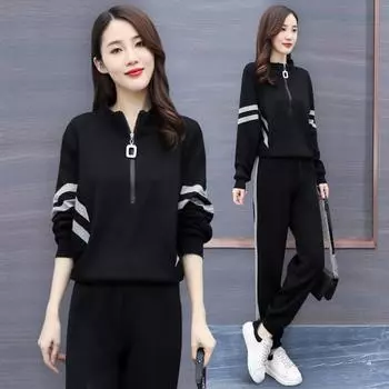 2025 Осень и зима Новый свободный пошив повседневный спортивный свитер костюм спортивная одежда однотонный стиль костюм женская куртка XXXL чёрный