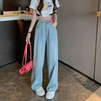 Осень 2022, корейские повседневные широкие брюки с высокой талией в стиле ретро, женские джинсы с напуском, прямые джинсовые брюки High Street в стиле Харадзюку S