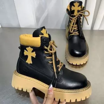 2022 Осень Новая мода Женские ботинки Martin Удобные толстые нижние круглые носочки Короткие сапоги Женщины Ботильоны Ботильоны 35 чёрный
