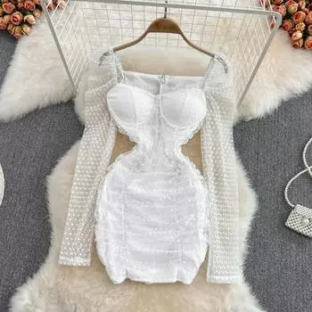 2022 Осень Новое сексуальное платье с квадратным вырезом и рукавами-пузырьками в горошек, сетчатое платье с морщинами на талии и облегающим бедрам