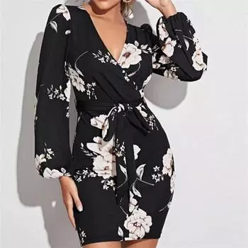 2022 осень-зима мини-платья женские тонкие модные платья с принтом сексуальная сумка на бедрах с V-образным вырезом с высокой талией на шнуровке женские с длинными рукавами S темно-синий