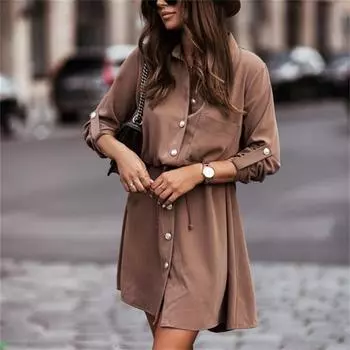 2022 Осеннее модное платье, женское удобное повседневное платье-рубашка с длинным рукавом и отложным воротником и пуговицами, женское мини-платье для вечеринок S зелёный