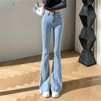 2022 Осенние модные повседневные брюки в стиле ретро, расклешенные джинсы с широкими штанинами в стиле Харадзюку, женские эластичные узкие джинсовые брюки с высокой талией XS синий