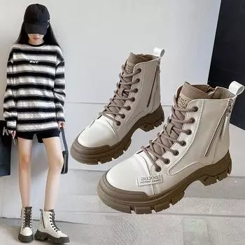 2022 осенние новые однотонные ботильоны на толстой подошве, ботинки на плоской подошве с круглой головкой 35 чёрный