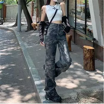2022 Осенняя мода для отдыха с уличным принтом, широкие винтажные камуфляжные брюки, популярные прямые свободные ковбойские брюки-карго, трендовые джинсы для женщин XS камуфляжный