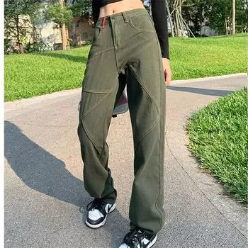 2022 Осенняя мода на молнии, мешковатые брюки-карго, женские спортивные штаны с высокой талией, винтажные уличные карманы, широкие прямые джинсы XS