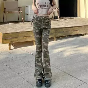 2022 осенняя мода ретро повседневные узкие джинсы-клеш камуфляжные женские брюки с высокой талией Harajuku High Street узкие шикарные джинсовые брюки XS камуфляжный