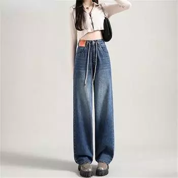2022 прямые широкие мешковатые брюки, весна-осень, винтажные уличные джинсы с повязками, женские корейские уличные джинсовые женские брюки 25 синий