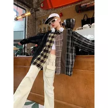 2022 ранняя осень, женская новая винтажная клетчатая рубашка с отложным воротником, уличная одежда с длинными рукавами, свободные лоскутные блузки в стиле Харадзюку S коричневый