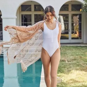 2022 Сексуальная прозрачная розовая кружевная туника, длинное платье-кимоно, бикини, накидки, женская одежда, летняя пляжная одежда, купальники, накидка Q1371 One Size бежевый