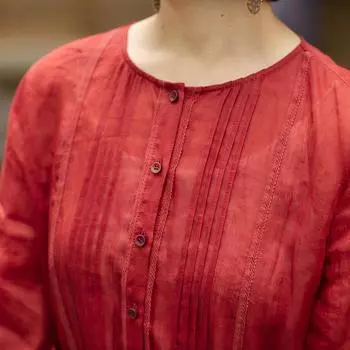 2022 Spring/Summer Ramie Lace Lantern Sleeve Tie-Waist Dress M