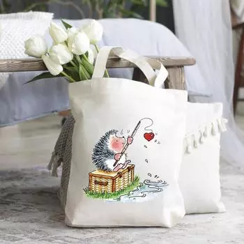 2022 сумка-тоут с милым ежиком, женская сумка-шоппер в стиле Харадзюку, сумка для покупок на плечо для девочек, женская холщовая сумка 24*26cm