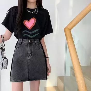 2022 Summer Retro A-Line High Waist Denim Skirt with Spliced Contrast Color XL черный серый