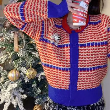 2022 свитер контрастного цвета, женский зимний повседневный вязаный кардиган с круглым вырезом в тон One Size зелёный