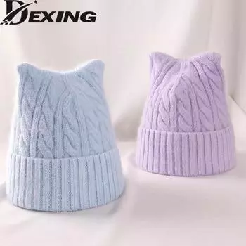 2022 теплая вязаная зимняя шапка с милыми кошачьими ушками, повседневная мягкая однотонная теплая толстая ангорская кроличья лыжная шапка для улицы Skullies для женщин One Size (Stretch)