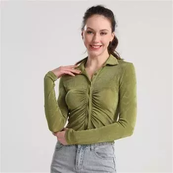 2022 тонкие женские блестящие рубашки со рюшами, женская сексуальная модная одежда, блестящая рубашка с воротником на пуговицах, укороченный топ с длинными рукавами S чёрный