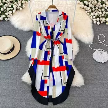 2022 Весна, европейский и американский новый стиль, однобортное длинное платье с лацканами, клетчатое облегающее свободное платье нерегулярной формы на шнуровке S чёрный