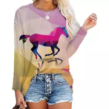 2022 Весна и Осень Новая Женская Мода Свободный Повседневный 3D Геометрический Животный Принт Футболка С Длинными Рукавами Топ S