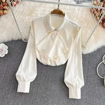 2022 Весна Ретро Свободная Белая Шифоновая Рубашка С Вырезом Поло Женский Темперамент Свободный Шикарный Топ с Длинными Рукавами