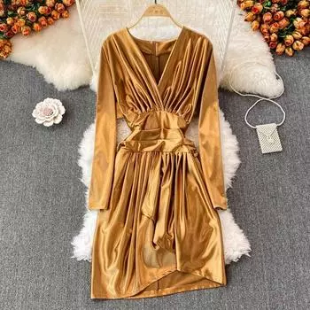 2022 весенне-осеннее модное сексуальное плиссированное атласное ацетатное платье с длинным рукавом и v-образным вырезом на талии