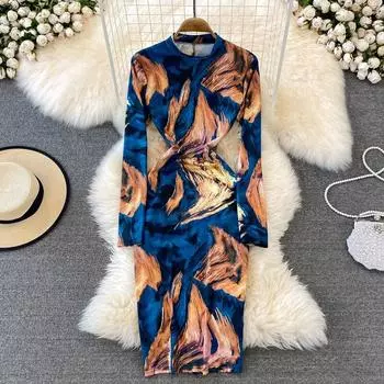 2022 весенне-осеннее модное среднее и длинное эластичное тонкое платье с принтом и воротником-стойкой, с запахом на бедрах