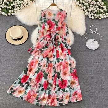 2022 весенне-осеннее высококачественное шифоновое платье с длинными рукавами и круглым вырезом, модное свободное и элегантное праздничное платье