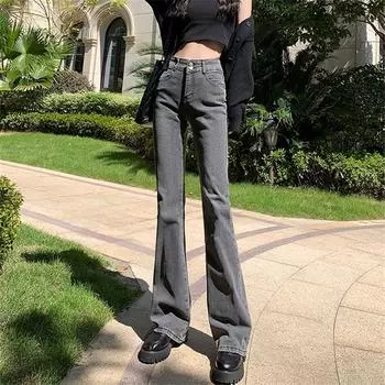 2022 весенне-осенние эластичные удобные брюки с высокой талией в Корейском модном стиле, джинсовые брюки, расклешенные джинсы для женщин, Harajuku S серый
