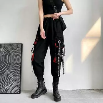2022 весенне-осенние повседневные женские брюки-шаровары, уличная одежда, джоггеры с хлопковыми лентами, брюки-карго длиной до щиколотки для девочек L чёрный