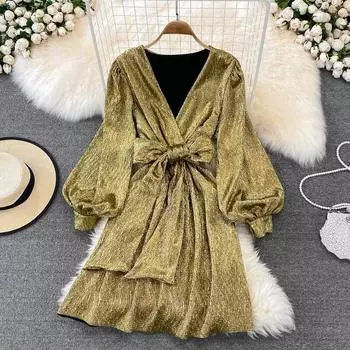 2022 весенне-осенняя мода с глубоким v-образным вырезом и длинными рукавами на талии, тонкое золотое бархатное яркое шелковое платье