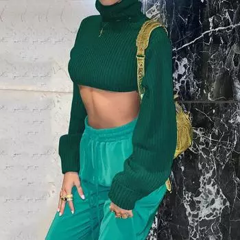 2022, весенне-осенняя модная женская футболка с круглым вырезом, повседневный однотонный вязаный свитер, сексуальные укороченные топы, женские футболки с рукавами-фонариками, топы S зелёный