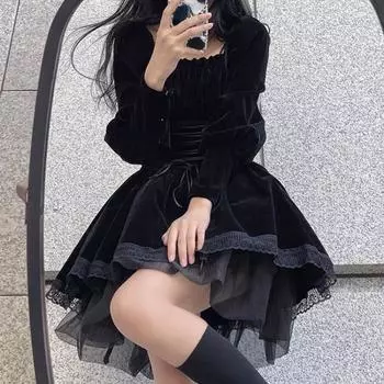 2022 весеннее черное бархатное мини-платье Y2k женское готическое платье Kawaii Lolita вечерние с длинным рукавом корейское модное платье кружевной дизайн тонкий L чёрный