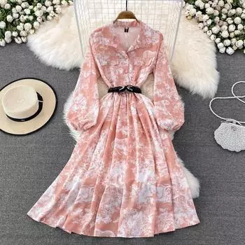 2022 весеннее французское ретро платье с лацканами Super Xiansen, элегантное длинное платье трапециевидной формы с длинными рукавами, большое свободное длинное платье L синий