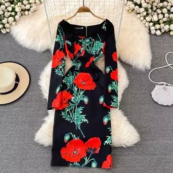 2022 весеннее легкое платье для зрелого ветра с высокой талией, тонкое платье с круглым вырезом и принтом роз, легкое, роскошное, темпераментное, длинное платье