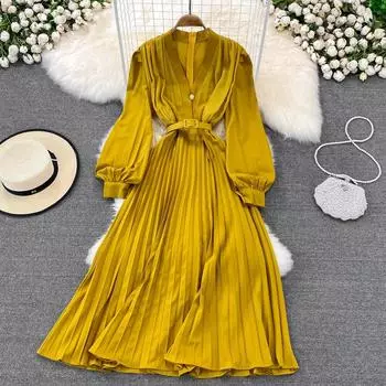 2022 весеннее легкое зрелое ветровое платье с высокой талией, v-образным вырезом и объемными рукавами, тонкое плиссированное платье трапециевидной формы с закрытой талией, элегантное большое платье One Size чёрный