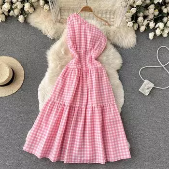 2022 весеннее новое клетчатое платье с диагональными плечами и принтом, большое свободное платье, женственная мода, длинное платье в иностранном стиле, тенденция