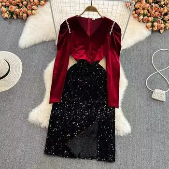 2022 весеннее новое корейское модное женственное темпераментное бархатное платье с v-образным вырезом и блестящими пайетками на бедрах